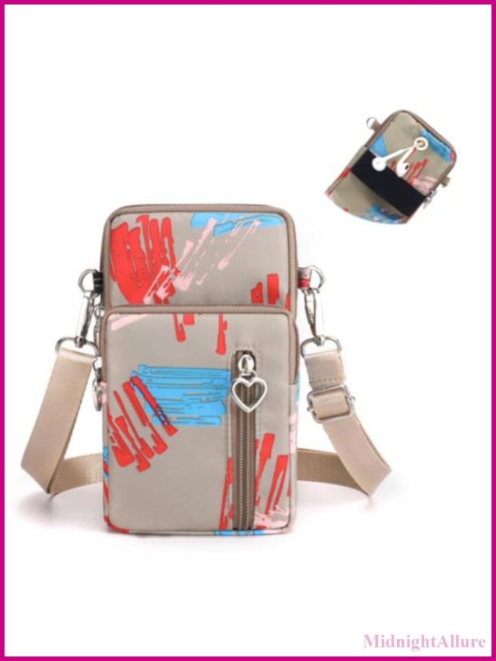 Nylon Crossbody Bag Water-Resistant 4 Zipper Pockets Detachable Straps